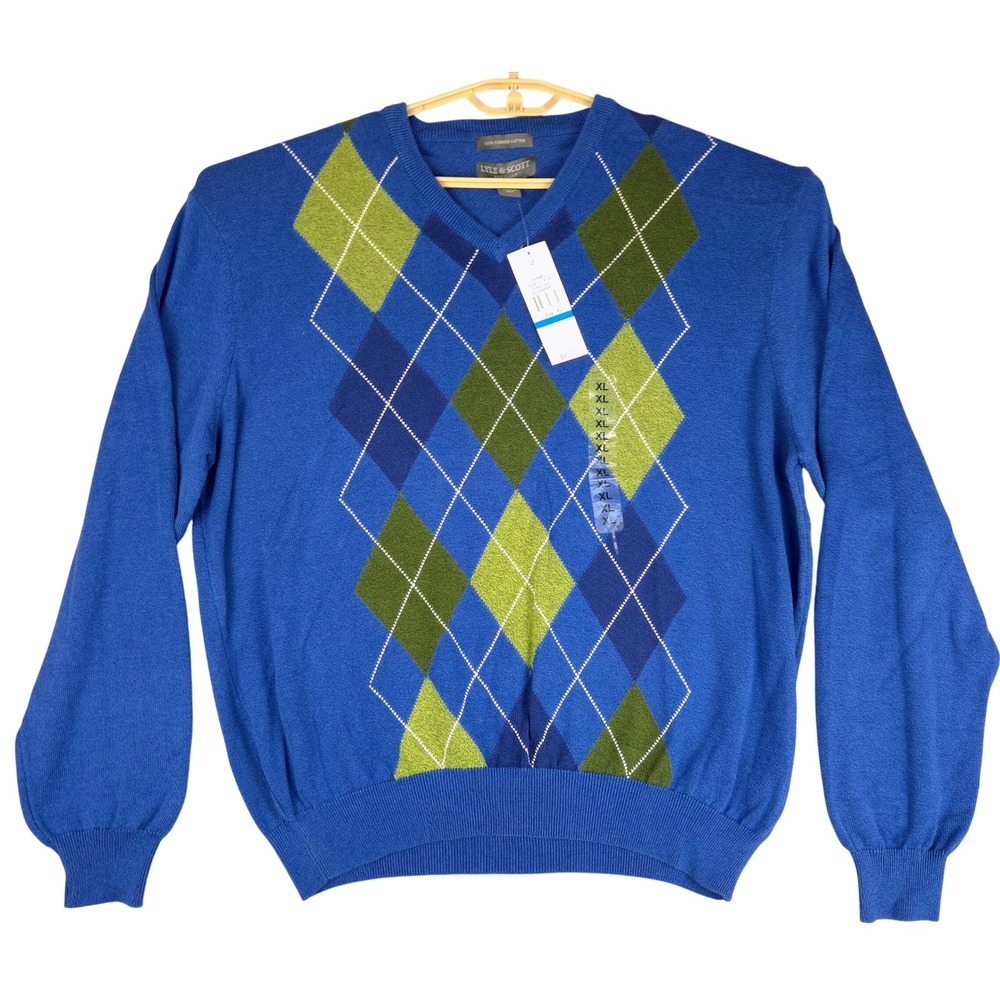 Lyle & Scott Carmel Argyle V-Neck Sweater Mens XL Blueberry Blue L74100 NEW